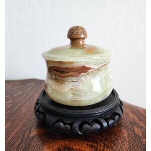 Vintage Onyx Stone Lidded Jar with Carved Wooden Base – Green and Brown Swirl...